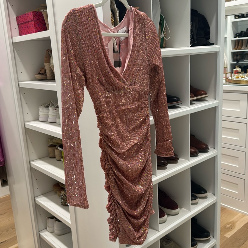 Pink sequin mini ruched dress